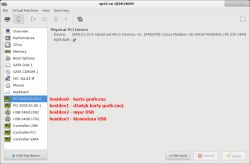 Okno konfiguracji maszyny wirtualnej w virt-managerze z zaznaczonymi urządzeniami PCI i USB.