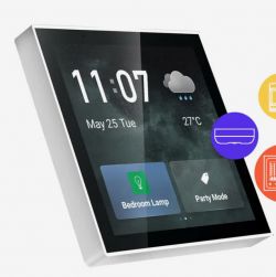 Control panel with a touchscreen displaying time, date, and weather forecast.