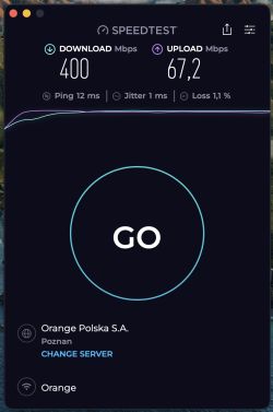 Zrzut Speedtest: pobieranie 400 Mb/s, wysyłanie 67,2 Mb/s, ping 12 ms, strata 1,1%