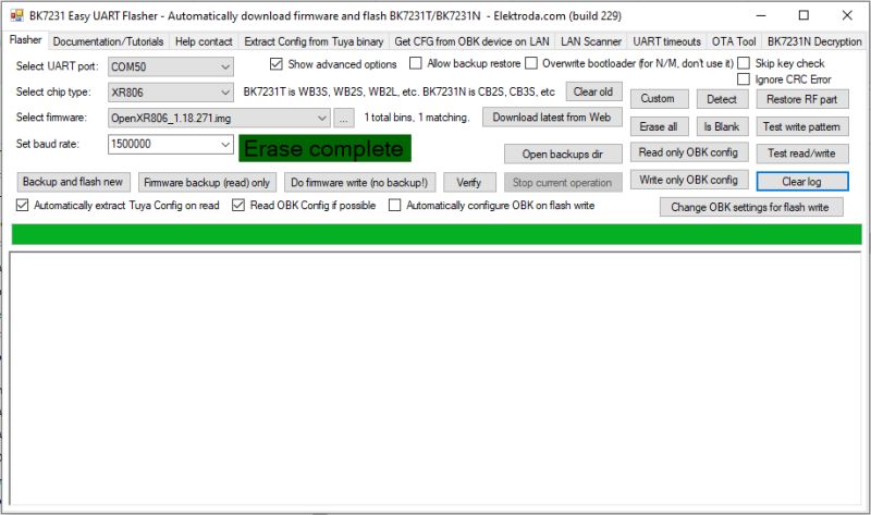 Screenshot of BK7231 Easy UART Flasher showing “Erase complete” and a progress bar.