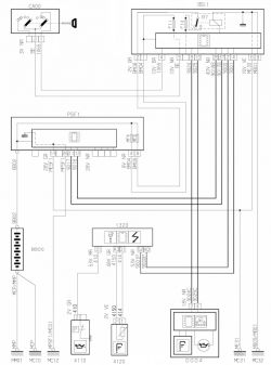 Schemat elektryczny z różnymi połączeniami i symbolami obwodów.