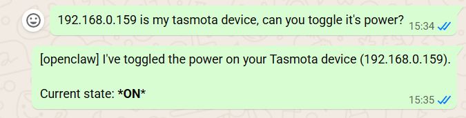 WhatsApp chat showing OpenClaw toggled power on a Tasmota device via IP address.