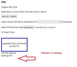 OTA interface with uploaded file and missing Reboot button after update starts