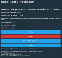 Screenshot of the user interface for the OpenTR6260 device with temperature and humidity information.
