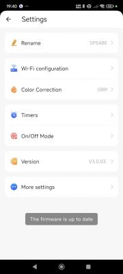 Mobile app settings screen with options like Wi-Fi, color correction, and more.