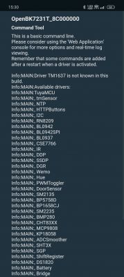 Screenshot of the OpenBK7231T Command Tool showing driver information.