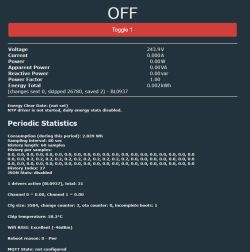 OpenBK panel showing 243.9V voltage and energy consumption statistics