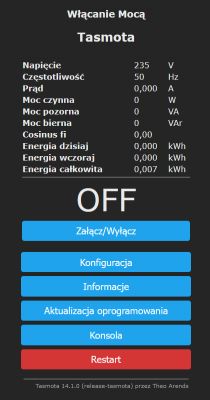 Tasmota User Interface with Power Information User interface for the Tasmota system displaying voltage and power data.