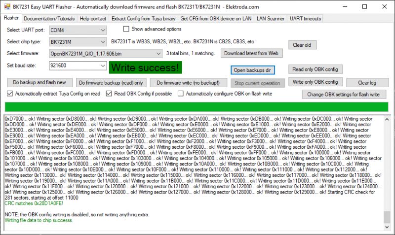 BK7231M Flasher - Firmware-Erfolgreich geschrieben BK7231M Firmware-Flash-Tool-Oberfläche mit Erfolgsmeldung für das Schreiben.