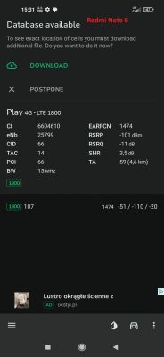 Zrzut ekranu z telefonu Redmi Note 9 pokazujący szczegóły połączenia sieciowego LTE 1800.