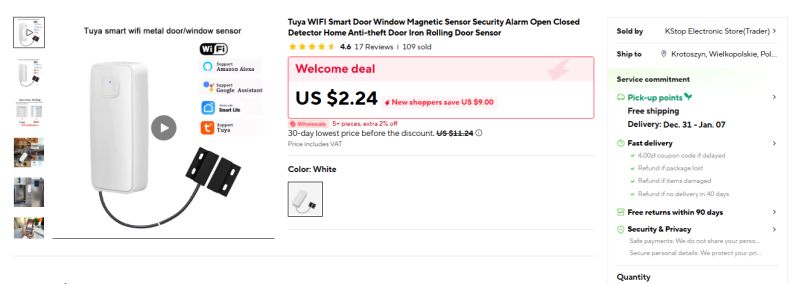 White Tuya WiFi door/window sensor with magnet and status light