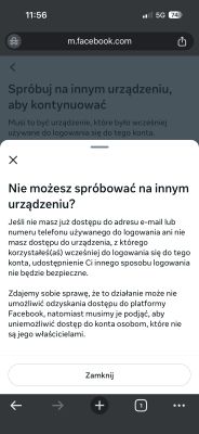 Komunikat Facebooka informujący o braku możliwości logowania bez dostępu do starego urządzenia