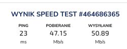 Wynik speed testu z pingiem 23 ms, pobieraniem 47.15 Mb/s i wysyłaniem 50.89 Mb/s