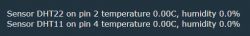 Display of sensor data for DHT22 and DHT11, indicating zero temperature and humidity.