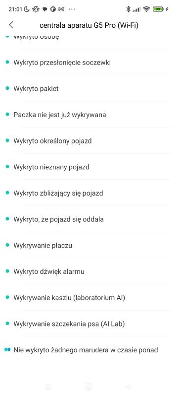 Lista zdarzeń z systemu monitoringu G5 Pro z wykryciami dźwięków i ruchu
