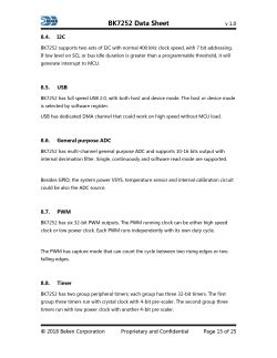 BK7252 Datasheet Excerpt β I2C, USB, ADC, PWM, and Timers A page from the BK7252 datasheet describing I2C, USB, ADC, PWM, and timer peripherals.