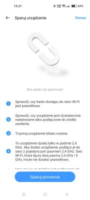 App screen showing a pairing error with suggestions on how to resolve the issue.