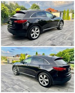 Black Infiniti FX37 SUV parked on a paved driveway in front of a house
