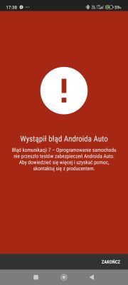 Komunikat błędu Android Auto: Błąd komunikacji 7, czerwone tło z wykrzyknikiem