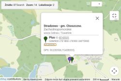 Mapa z lokalizacją stacji bazowej sieci Plus w Stradzewie, gm. Choszczno