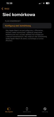 Ekran aplikacji Watch na iPhone z opcją konfiguracji sieci komórkowej dla Apple Watch.