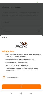 Fox app update screen showing a list of new features in version 0.15.8.