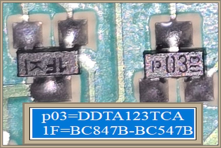 Zbliżenie na dwa tranzystory SMD oznaczone jako 1F i p03 na zielonej płytce PCB.