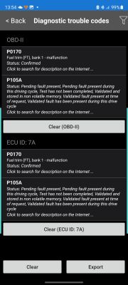 Zrzut ekranu z aplikacji diagnostycznej z błędami OBD-II P0170 i P105A.