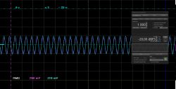 Zrzut ekranu z oscyloskopu z dwiema sinusoidami i panelem generatora 1 kHz, −20 dBFS