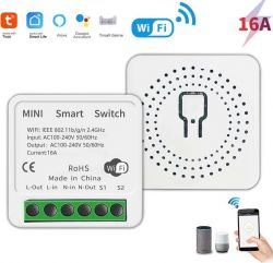 Miniaturowy inteligentny przełącznik WiFi z etykietami i ikonami.