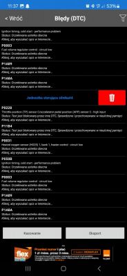 Lista kodów błędów DTC na ekranie smartfona z aplikacji diagnostycznej.