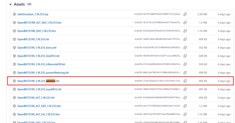 Firmware list with highlighted OpenBK7231N_1.18.233_sensors.rbl file
