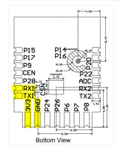 Bottom view diagram of an electronic module with highlighted pins 3V3, RX1, and GND.