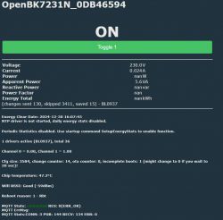 User interface of OpenBK7231N tool showing device status data.