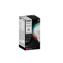 Packaging of a Calex GU10 smart LED lamp with feature information.