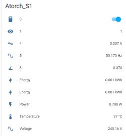 Screenshot of measurement data from the Atorch S1 device, showing current, frequency, voltage, and temperature values.
