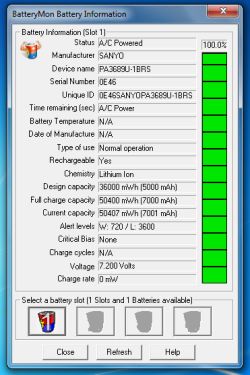 Zrzut ekranu programu BatteryMon pokazujący pełne informacje o akumulatorze, w tym pojemność 7001 mAh.