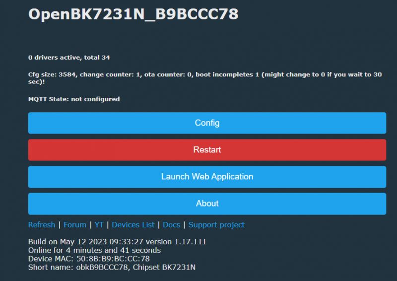 OpenBeken Interface with Configuration Options Screenshot of the OpenBeken interface with configuration buttons.
