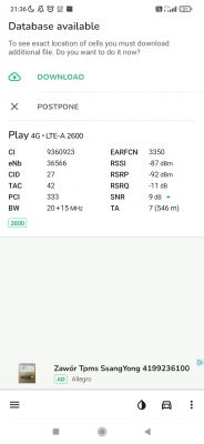 Zrzut ekranu aplikacji do analizy sygnału sieci komórkowej, pokazujący dane Play 4G LTE-A 2600.
