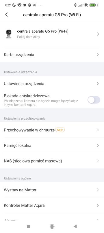 Interfejs aplikacji z ustawieniami centrali aparatu G5 Pro (Wi-Fi)
