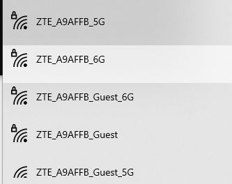 Lista dostępnych sieci Wi-Fi z nazwami zawierającymi ZTE_A9AFFB