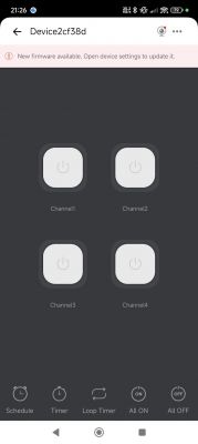 Screenshot of a remote device control app with four channel buttons.