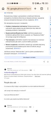 Zrzut ekranu z wynikami Google po polsku o żółtym trójkącie z wykrzyknikiem w Motoroli