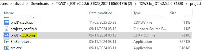 Windows Explorer window showing project files in the TXW81x_IOT software folder.
