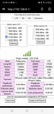 Ekran ustawień sieci LTE pokazujący szczegóły połączenia na 2100 MHz z Virgin Mobile.