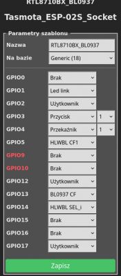 Tasmota Settings for ESP-02S with RTL8710BX Module Screenshot of Tasmota settings for a smart socket