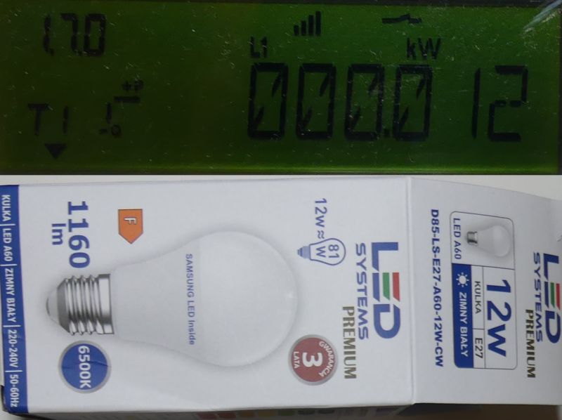 Wyświetlacz licznika i opakowanie żarówki LED 12W o barwie zimnej 6500K