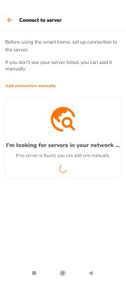 App screen searching for a smart home server connection.