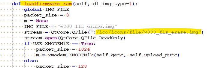 Screenshot of a code editor showing a Python function loadfirmware_ram with a file path highlighted.