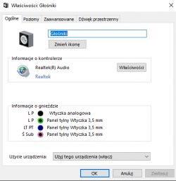 Ustawienia dźwięku w systemie Windows Zrzut ekranu z ustawień głośników w panelu dźwięku systemu Windows pokazujący podłączone gniazda.